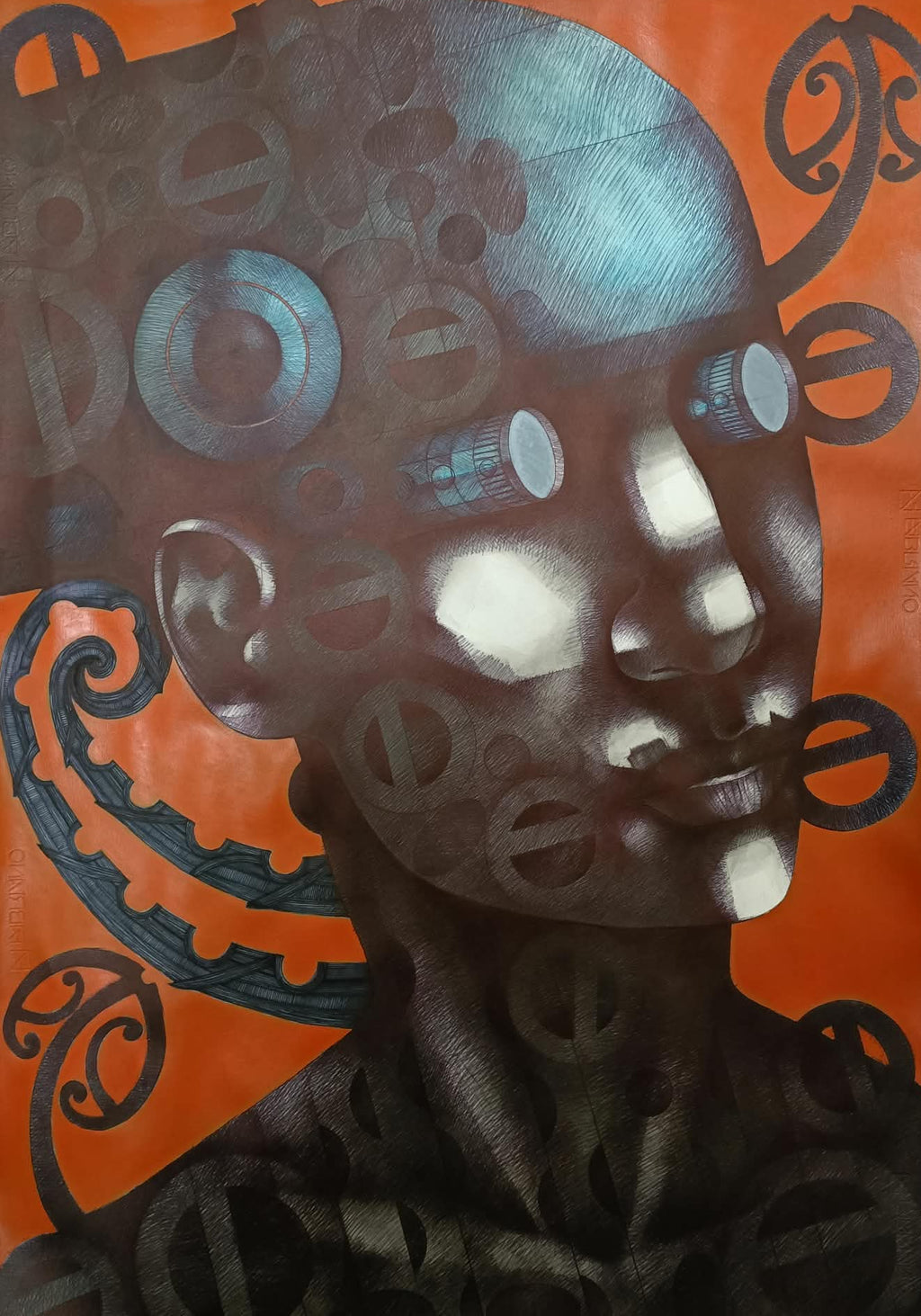 Tracy Keith, Augmentation, 2026, portrait drawing in ballpoint pen and aquarelle pencil on Fabriano paper.