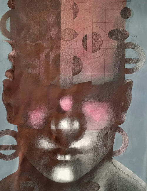 Mind in the Ether – Tracy Keith, 2026. Ballpoint pen, water-based pencil and acrylic paint on Fabriano paper, 760 × 560 mm.