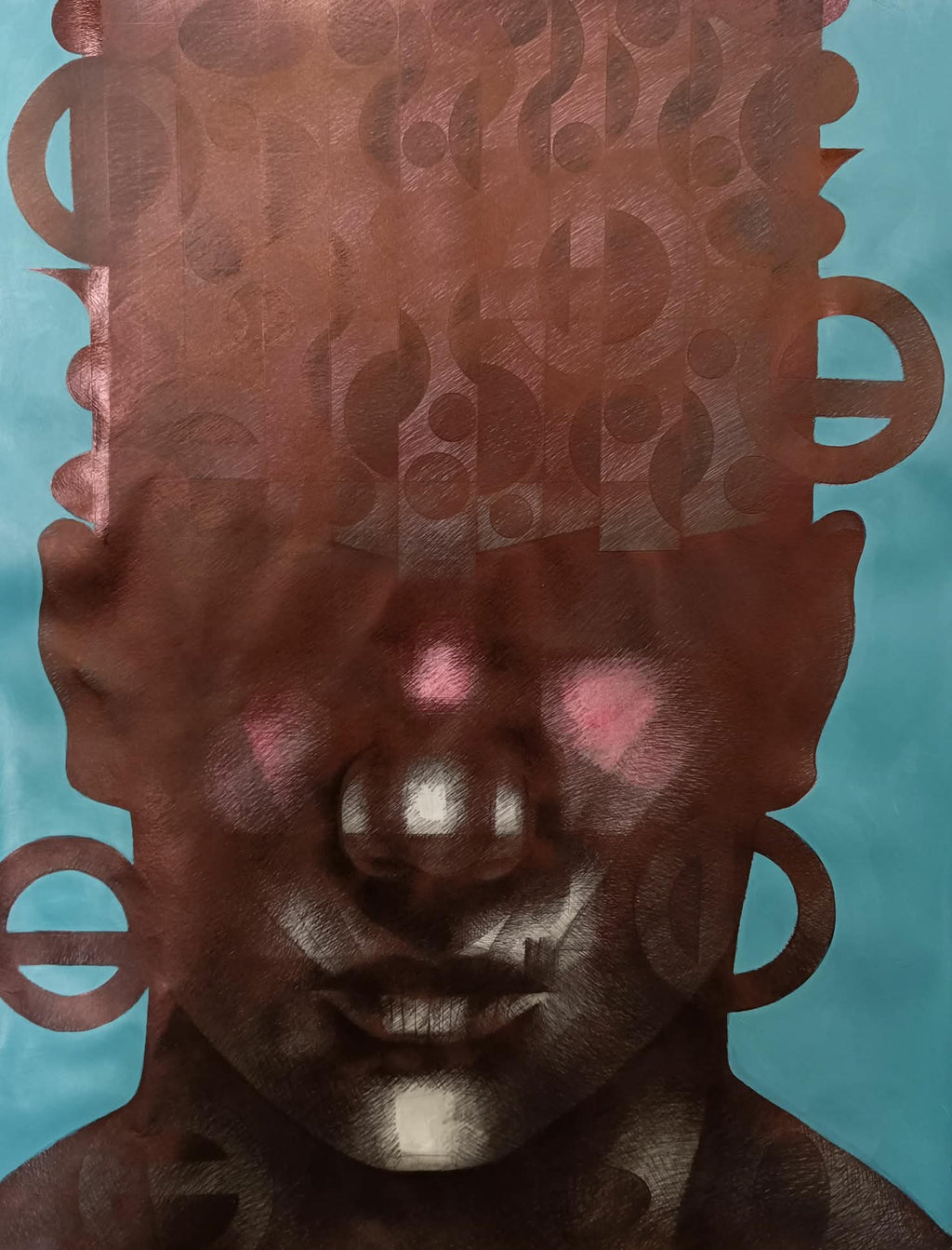 Tracy Keith, [Mind in the Ether], 2026, portrait drawing with layered geometric forms in ballpoint pen and aquarelle pencil.