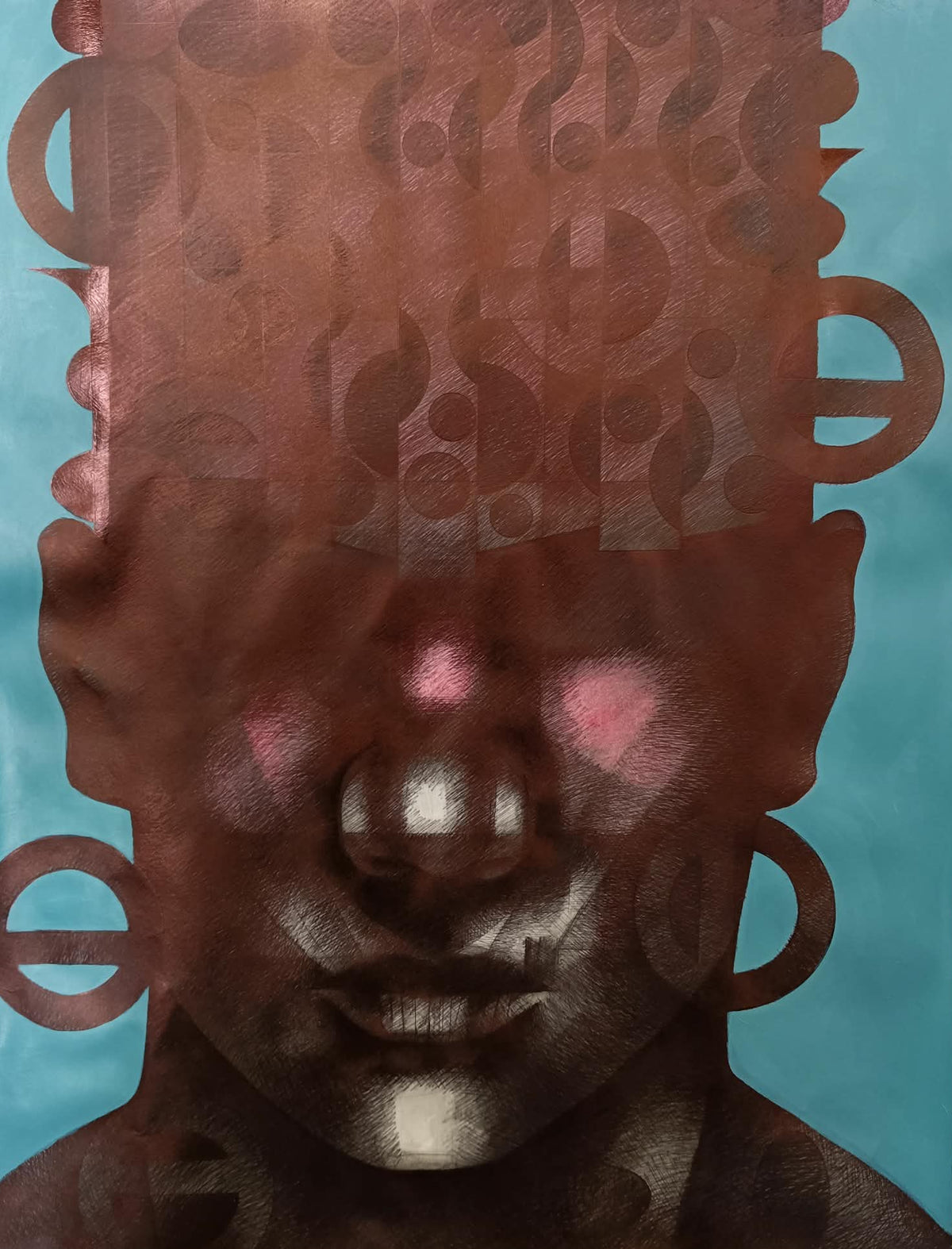 Tracy Keith, [Mind in the Ether], 2026, portrait drawing with layered geometric forms in ballpoint pen and aquarelle pencil.