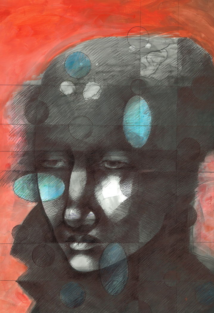 Tracy Keith,Reframe, print of a portrait layered with circular blue and grey forms against an orange-red background.