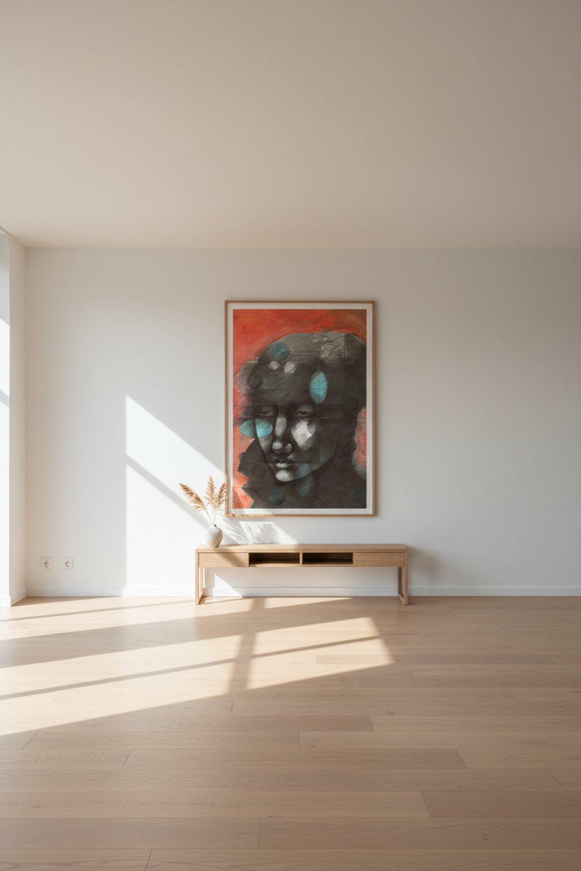 Tracy Keith,Reframe, print of a portrait layered with circular blue and grey forms against an orange-red background.