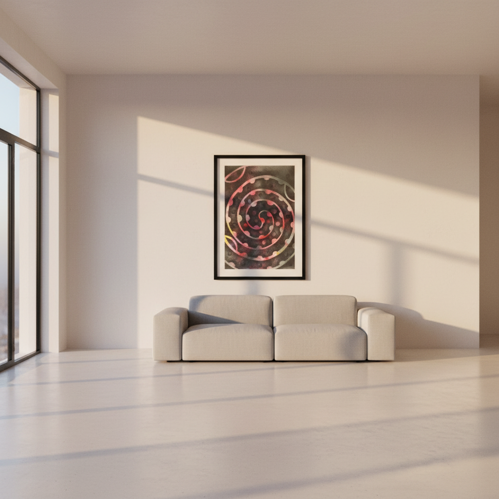 Tracy Keith, Spiral Logic, print showing layered black circular and mechanical forms with red, pink and grey drawing.